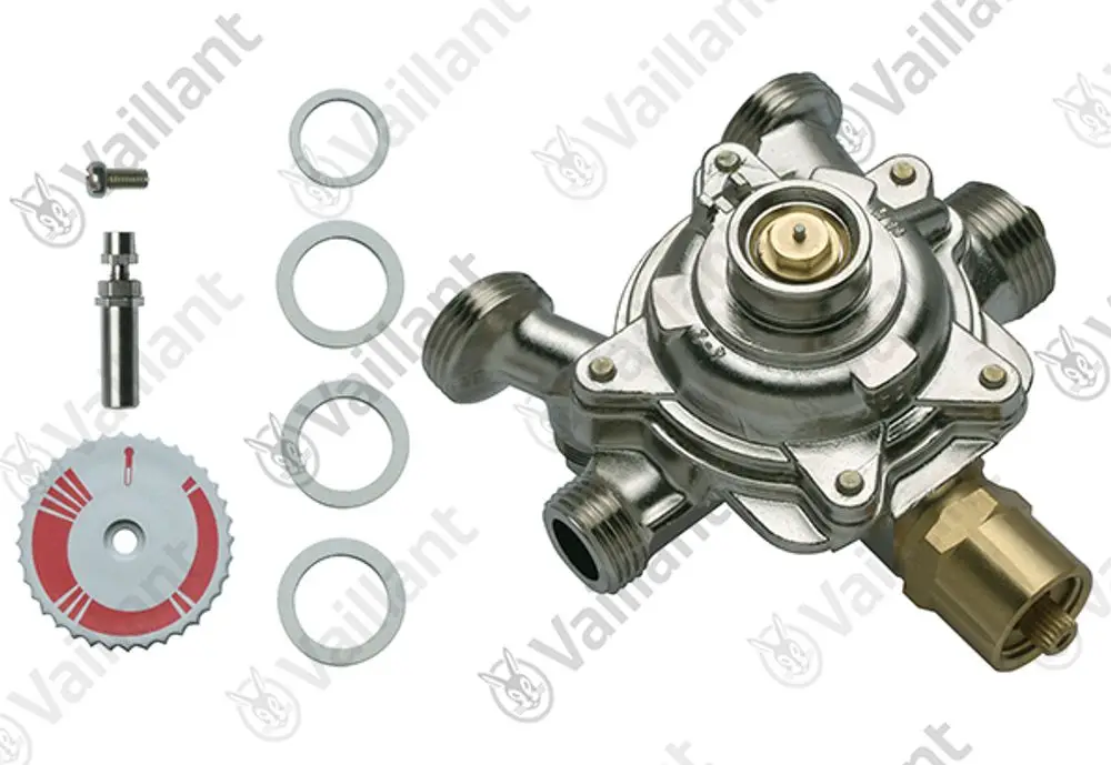 Vaillant Wasserschalter mit mehreren Anschlüssen, einer runden Einstellungseinheit und Zubehörteilen wie Dichtungen und Schrauben.